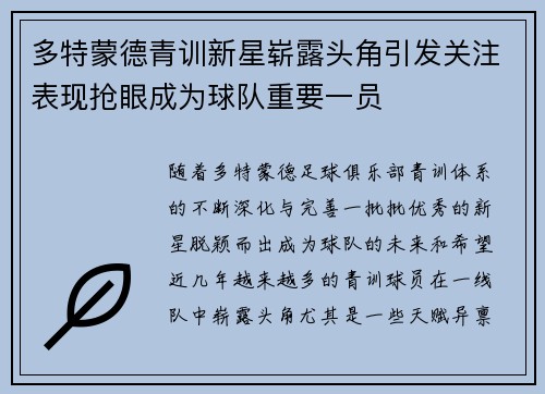 多特蒙德青训新星崭露头角引发关注表现抢眼成为球队重要一员