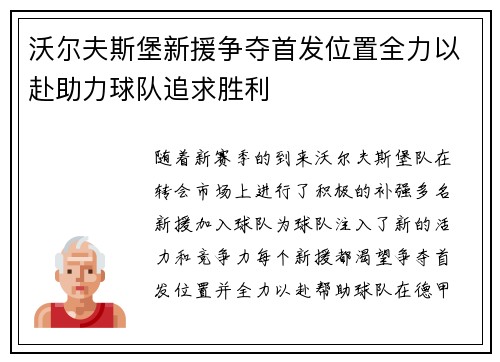 沃尔夫斯堡新援争夺首发位置全力以赴助力球队追求胜利