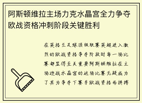 阿斯顿维拉主场力克水晶宫全力争夺欧战资格冲刺阶段关键胜利