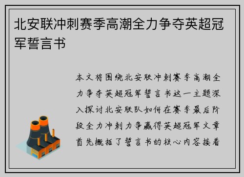 北安联冲刺赛季高潮全力争夺英超冠军誓言书