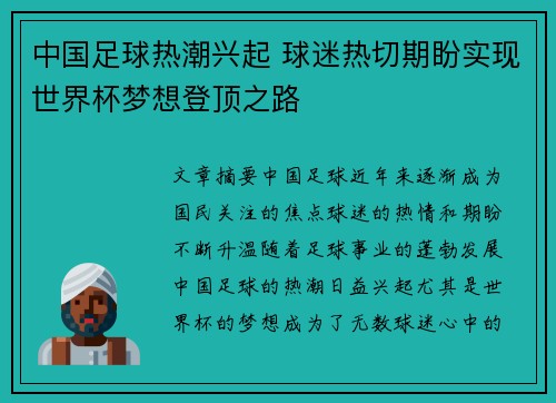 中国足球热潮兴起 球迷热切期盼实现世界杯梦想登顶之路