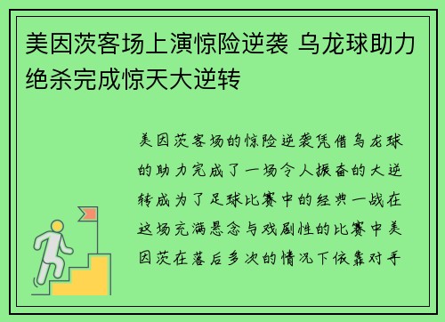 美因茨客场上演惊险逆袭 乌龙球助力绝杀完成惊天大逆转