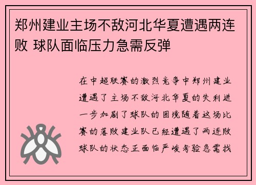 郑州建业主场不敌河北华夏遭遇两连败 球队面临压力急需反弹